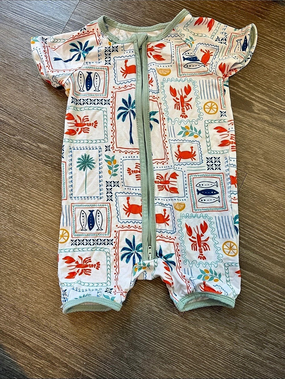 Abby & Evie Coconut Trees Lobsters Print Bamboo Jumpsuit Romper White & Blue 18M